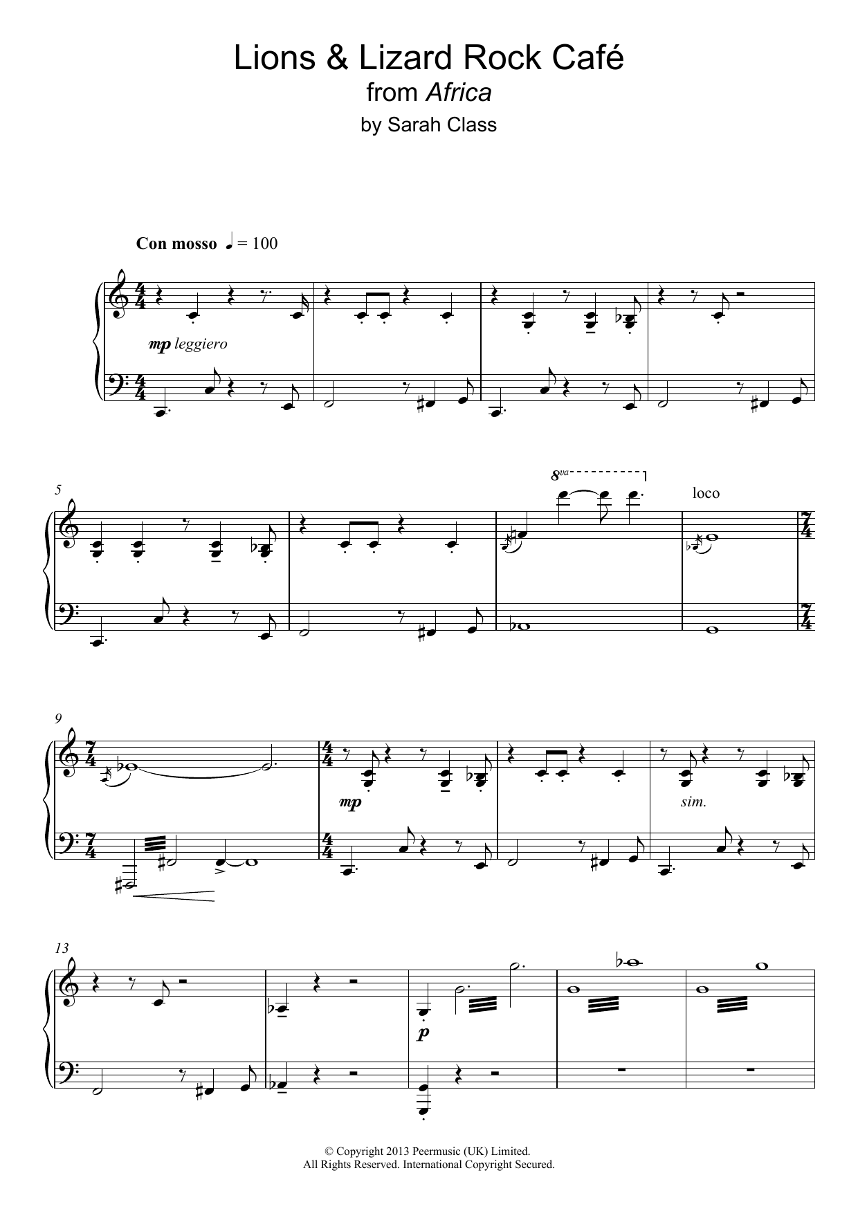Sarah Class Lions & Lizards Rock Café Sheet Music Notes & Chords for Piano - Download or Print PDF