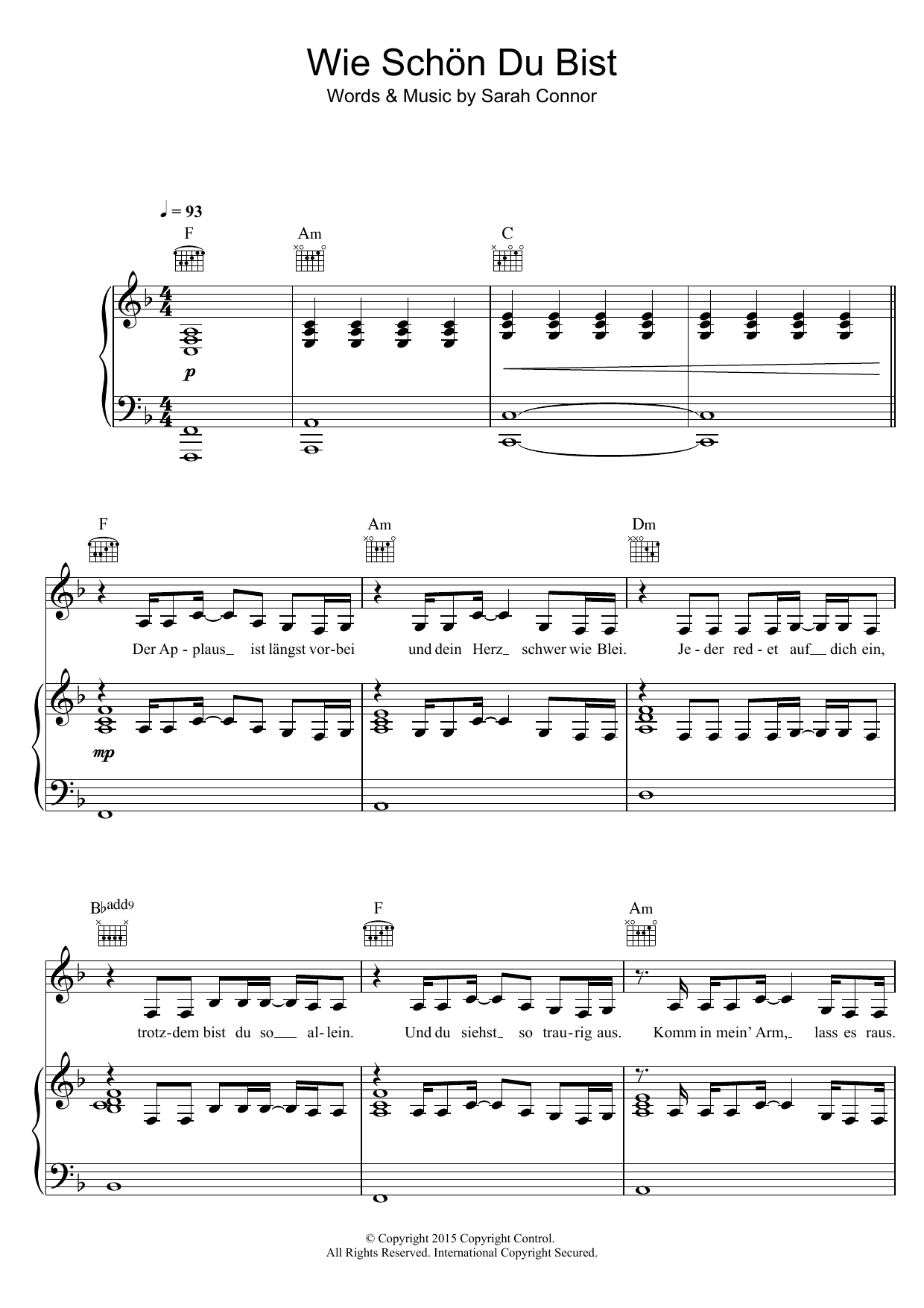 Sarah Connor Wie Schon Du Bist Sheet Music Notes & Chords for Piano, Vocal & Guitar (Right-Hand Melody) - Download or Print PDF