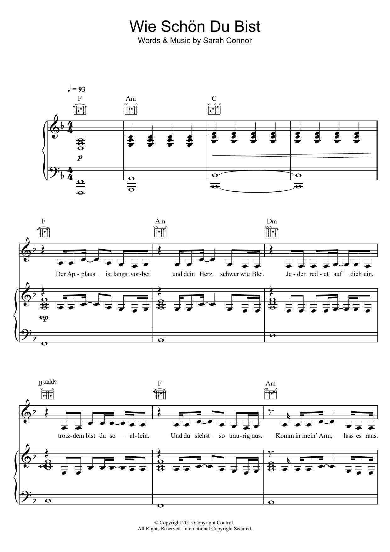 Sarah Connor Wie Schon Du Bist Sheet Music Notes & Chords for Piano, Vocal & Guitar - Download or Print PDF