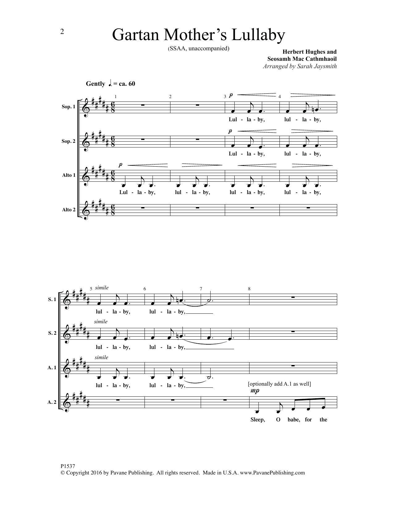 Sarah Jaysmith Gartan Mother's Lullaby Sheet Music Notes & Chords for Choral - Download or Print PDF
