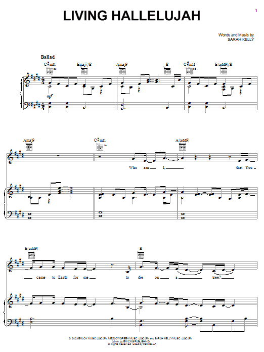 Sarah Kelly Living Hallelujah Sheet Music Notes & Chords for Piano, Vocal & Guitar (Right-Hand Melody) - Download or Print PDF