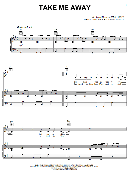 Sarah Kelly Take Me Away Sheet Music Notes & Chords for Piano, Vocal & Guitar (Right-Hand Melody) - Download or Print PDF Sarah Kelly Take Me Away Sheet Music Notes & Chords for Piano, Vocal & Guitar (Right-Hand Melody) - Download or Print PDF