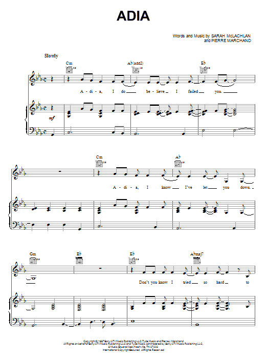 Sarah McLachlan Adia Sheet Music Notes & Chords for Piano - Download or Print PDF