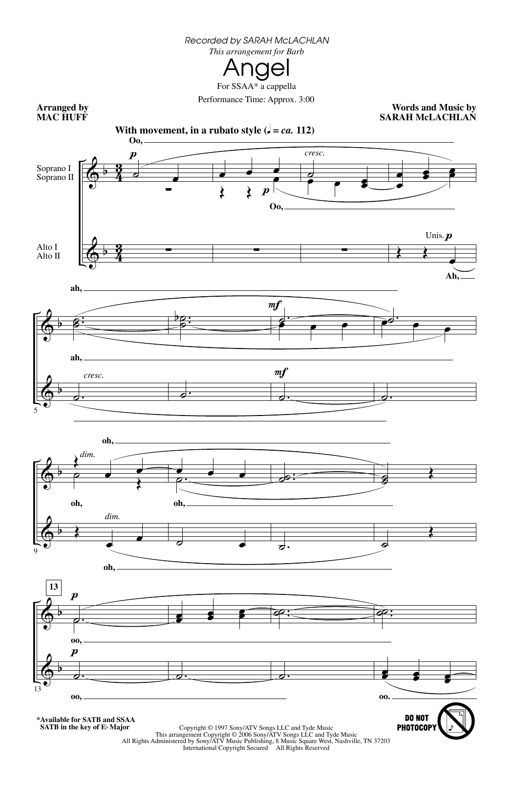 Sarah McLachlan Angel (arr. Mac Huff) Sheet Music Notes & Chords for SSA Choir - Download or Print PDF