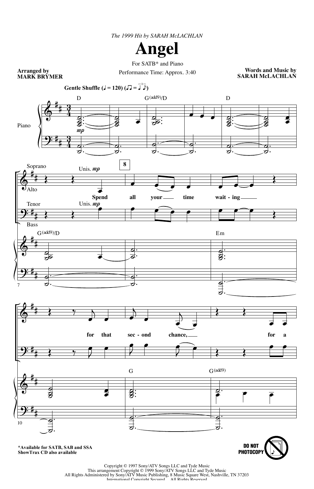 Sarah McLachlan Angel (arr. Mark Brymer) Sheet Music Notes & Chords for SSA Choir - Download or Print PDF