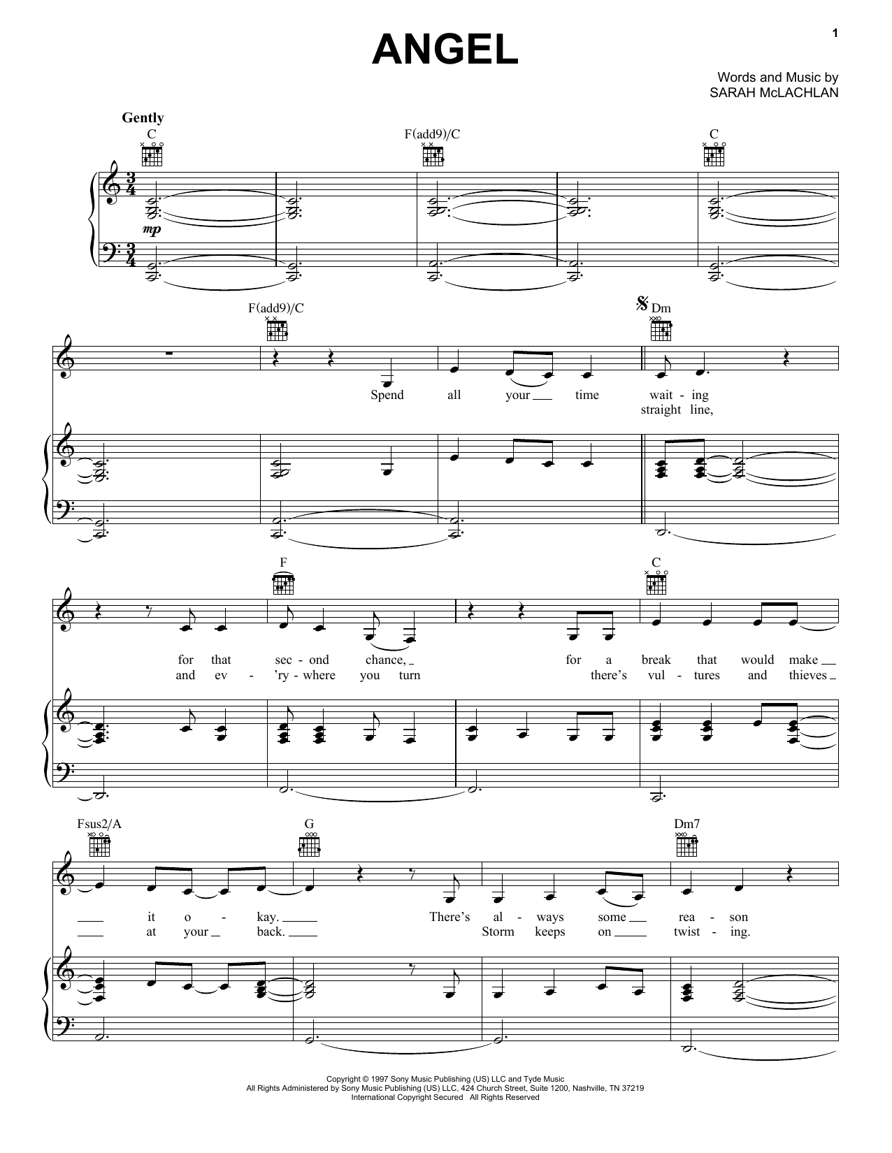 Sarah McLachlan Angel Sheet Music Notes & Chords for Melody Line, Lyrics & Chords - Download or Print PDF