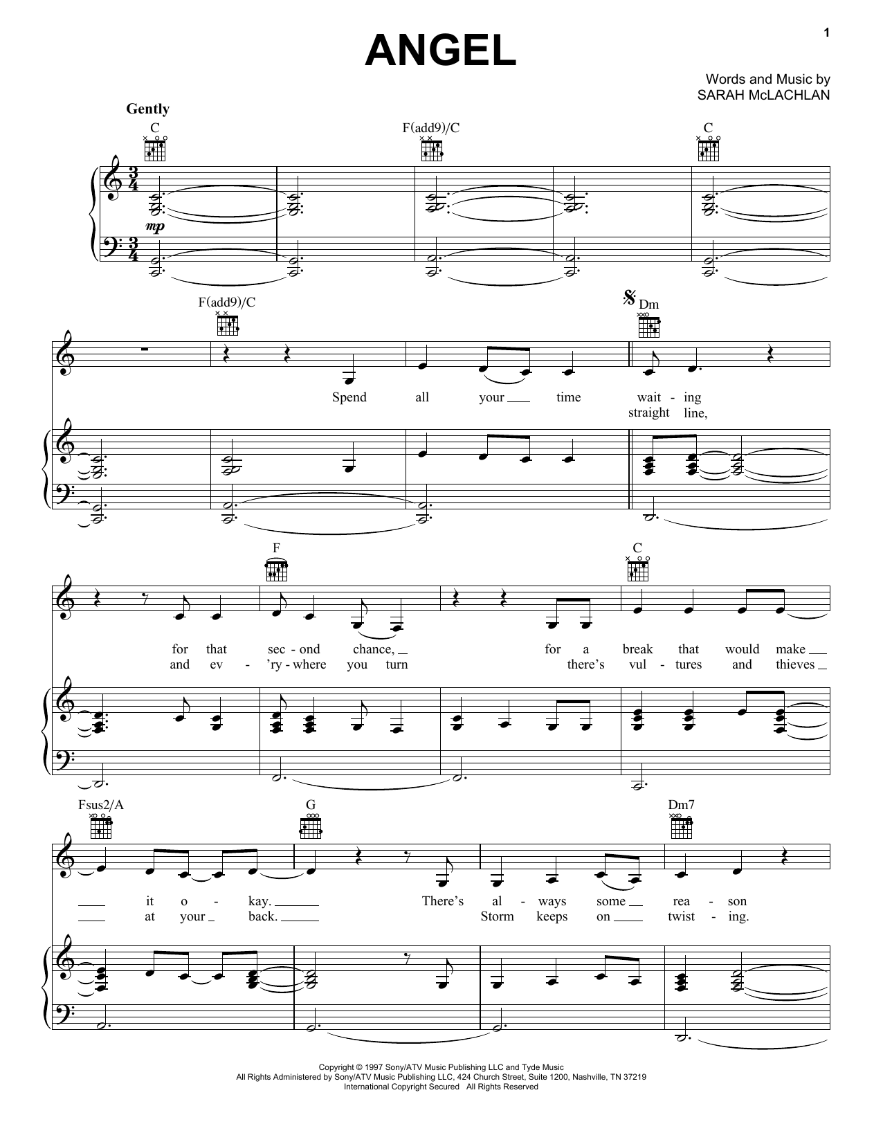 Sarah McLachlan Angel Sheet Music Notes & Chords for Piano, Vocal & Guitar - Download or Print PDF