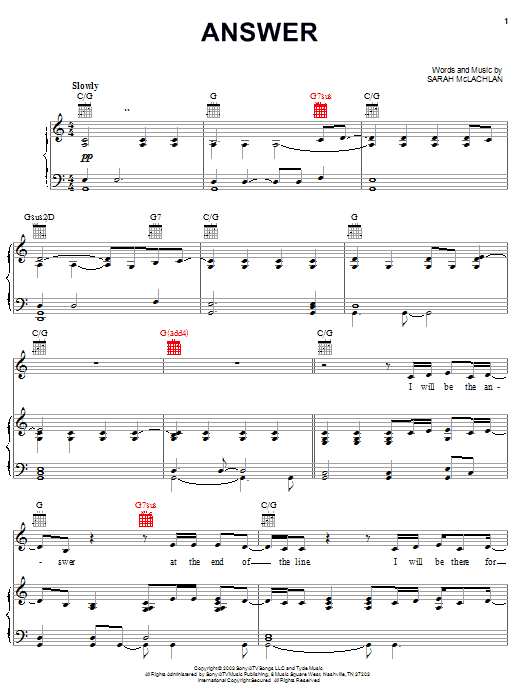 Sarah McLachlan Answer Sheet Music Notes & Chords for Piano, Vocal & Guitar (Right-Hand Melody) - Download or Print PDF