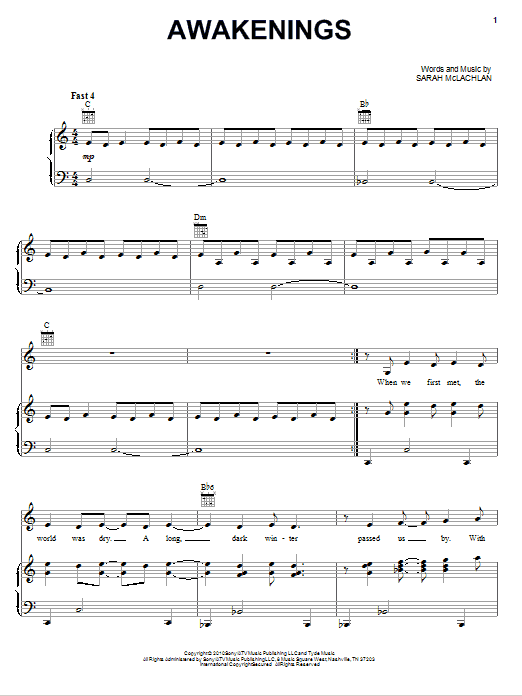 Sarah McLachlan Awakenings Sheet Music Notes & Chords for Piano, Vocal & Guitar (Right-Hand Melody) - Download or Print PDF