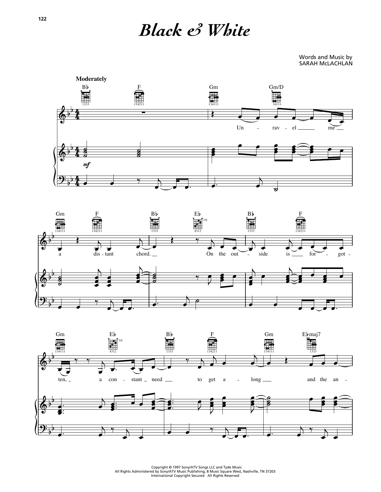 Sarah McLachlan Black & White Sheet Music Notes & Chords for Piano, Vocal & Guitar Chords (Right-Hand Melody) - Download or Print PDF Sarah McLachlan Black & White Sheet Music Notes & Chords for Piano, Vocal & Guitar Chords (Right-Hand Melody) - Download or Print PDF
