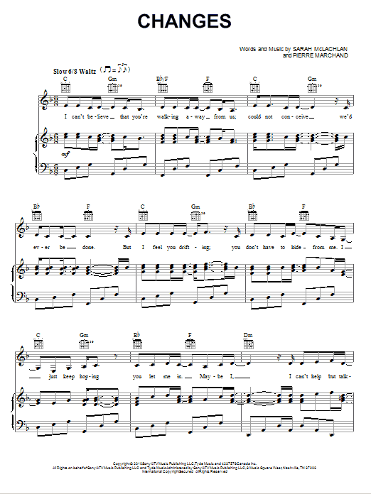 Sarah McLachlan Changes Sheet Music Notes & Chords for Piano, Vocal & Guitar (Right-Hand Melody) - Download or Print PDF