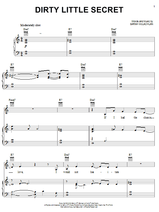 Sarah McLachlan Dirty Little Secret Sheet Music Notes & Chords for Piano, Vocal & Guitar (Right-Hand Melody) - Download or Print PDF