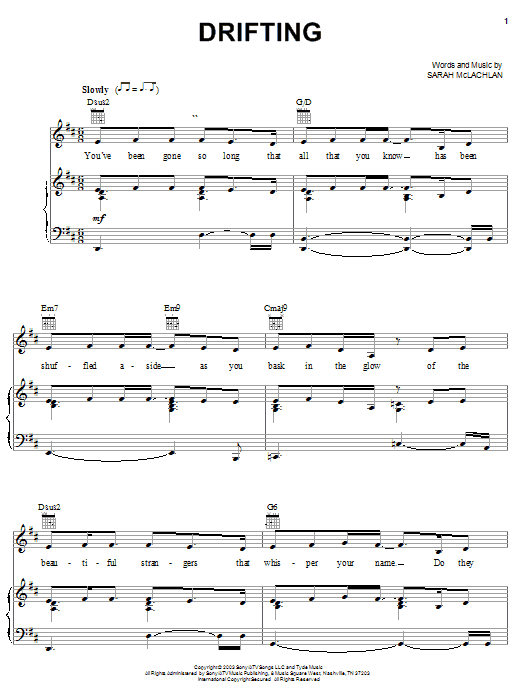 Sarah McLachlan Drifting Sheet Music Notes & Chords for Piano, Vocal & Guitar (Right-Hand Melody) - Download or Print PDF