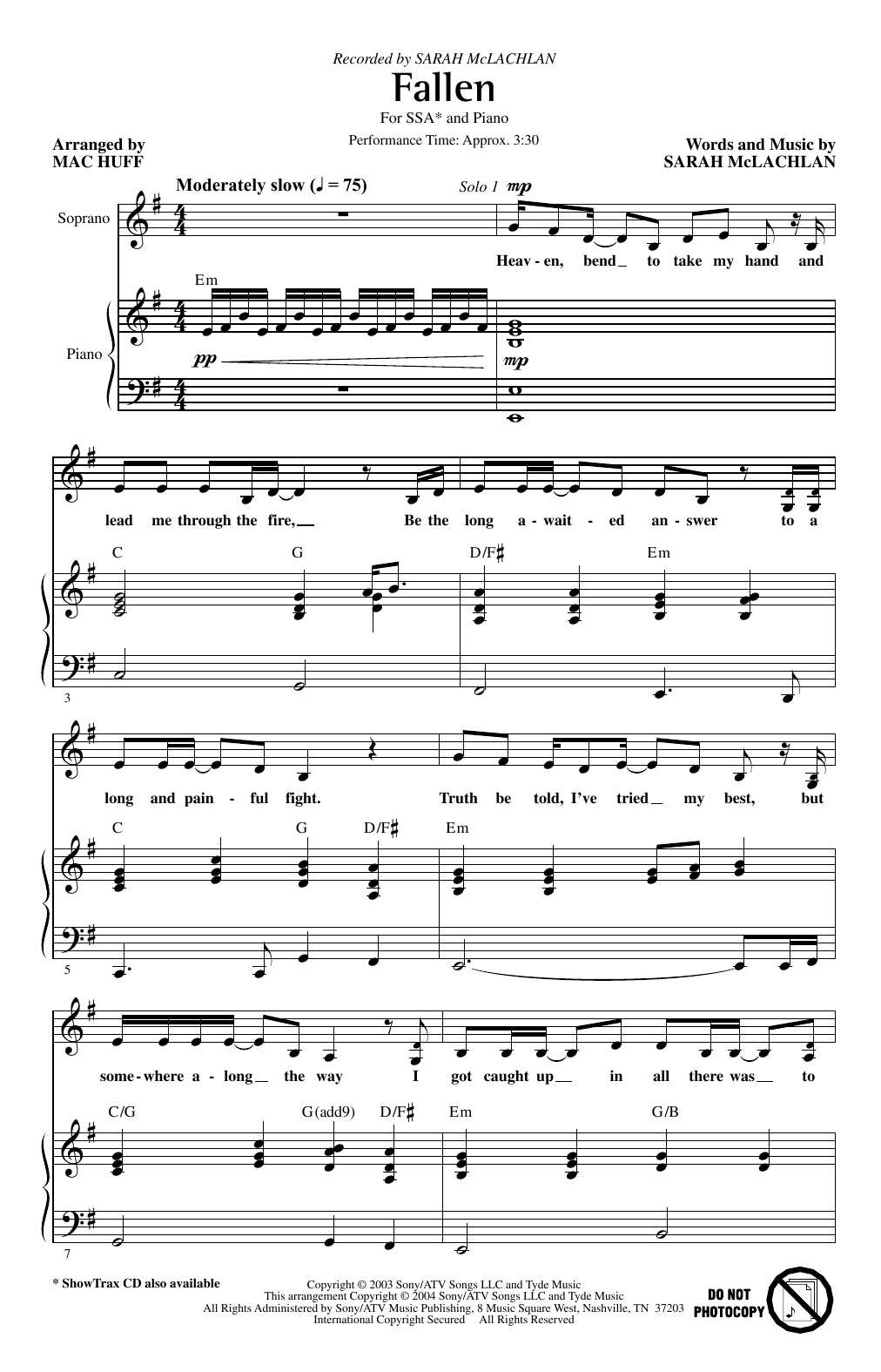 Sarah McLachlan Fallen (arr. Mac Huff) Sheet Music Notes & Chords for SSA Choir - Download or Print PDF