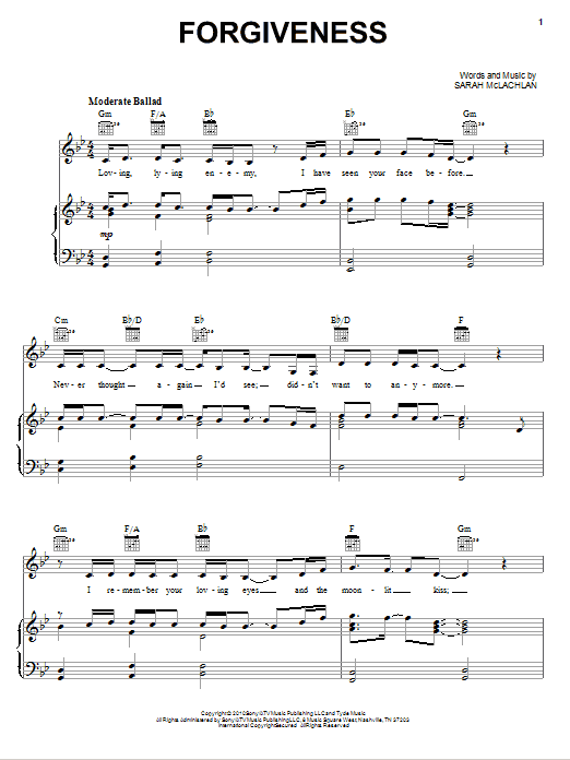 Sarah McLachlan Forgiveness Sheet Music Notes & Chords for Piano, Vocal & Guitar (Right-Hand Melody) - Download or Print PDF