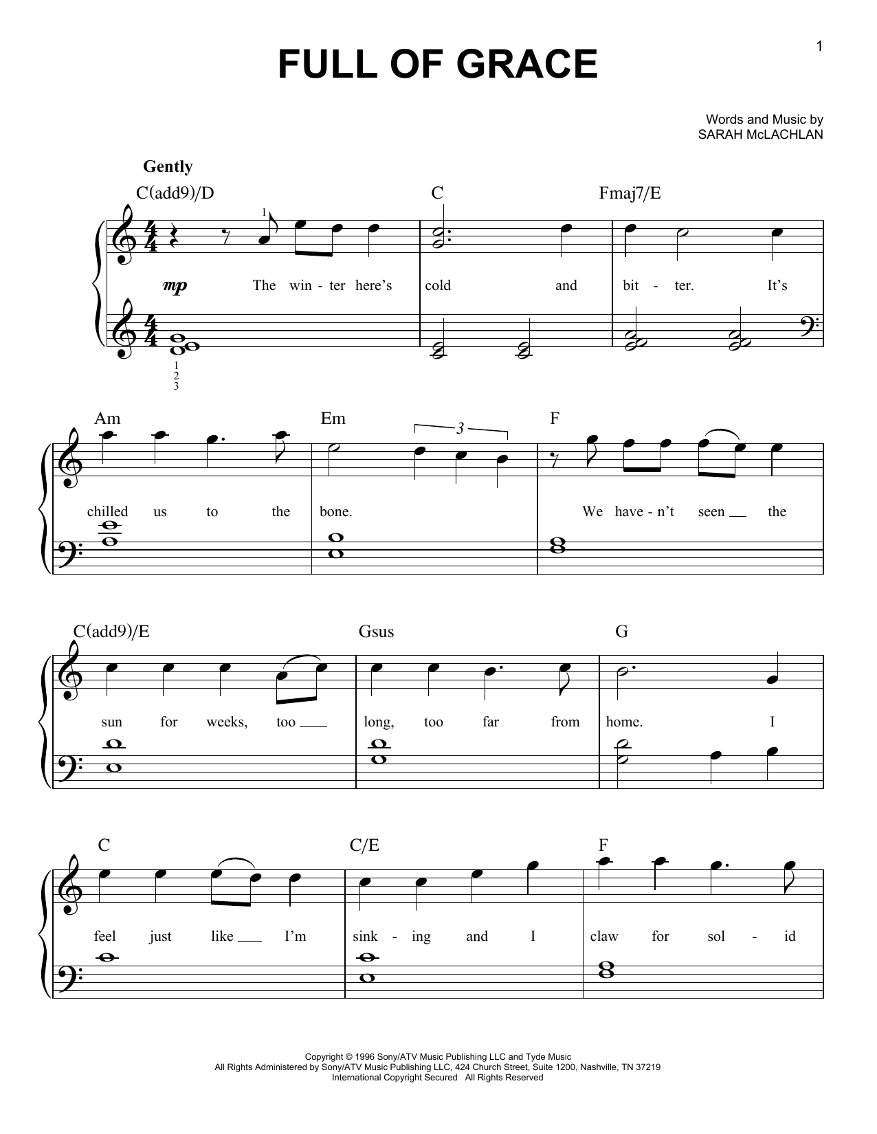 Sarah McLachlan Full Of Grace Sheet Music Notes & Chords for Easy Piano - Download or Print PDF Sarah McLachlan Full Of Grace Sheet Music Notes & Chords for Easy Piano - Download or Print PDF