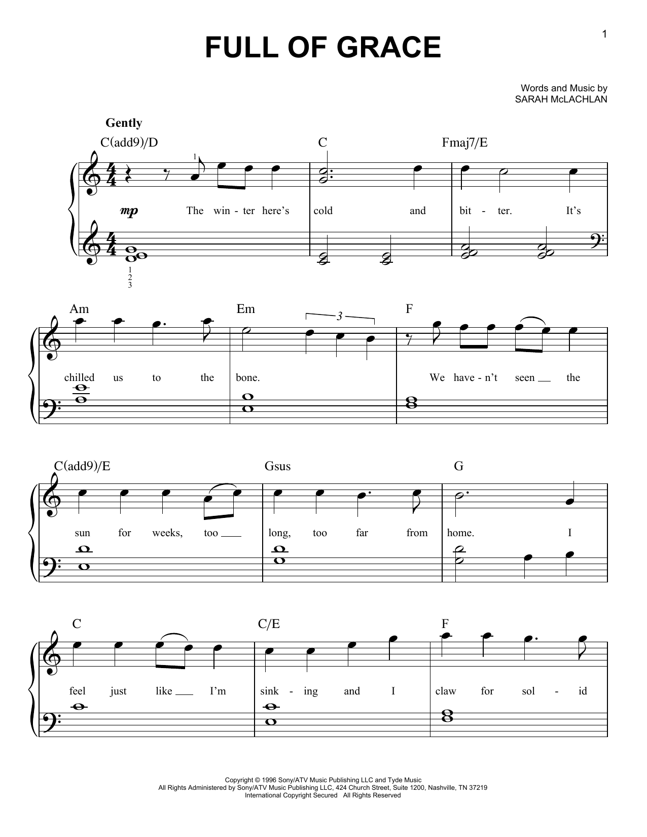 Sarah McLachlan Full Of Grace Sheet Music Notes & Chords for Easy Piano - Download or Print PDF