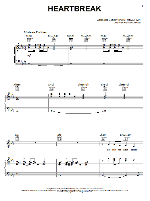 Sarah McLachlan Heartbreak Sheet Music Notes & Chords for Piano, Vocal & Guitar (Right-Hand Melody) - Download or Print PDF