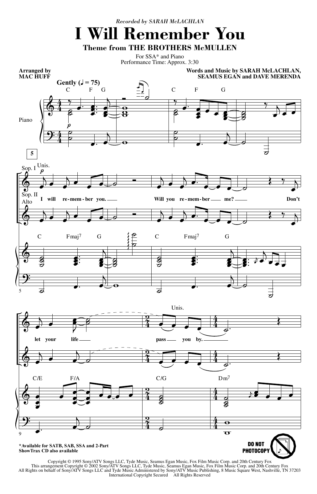Sarah McLachlan I Will Remember You (arr. Mac Huff) Sheet Music Notes & Chords for SAB Choir - Download or Print PDF