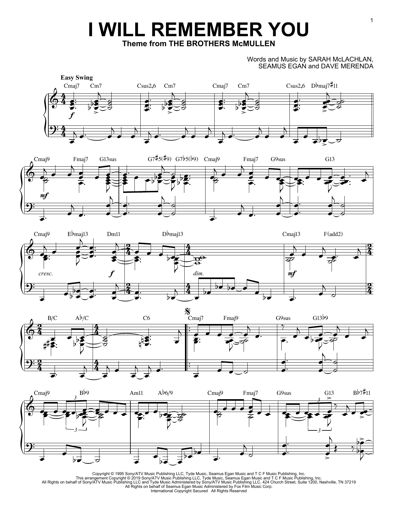 Sarah McLachlan I Will Remember You [Jazz version] Sheet Music Notes & Chords for Piano Solo - Download or Print PDF