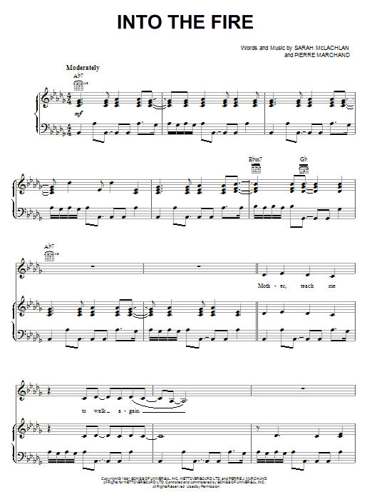 Sarah McLachlan Into The Fire Sheet Music Notes & Chords for Piano, Vocal & Guitar (Right-Hand Melody) - Download or Print PDF