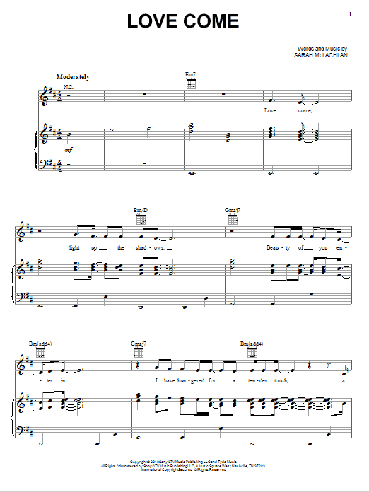 Sarah McLachlan Love Come Sheet Music Notes & Chords for Piano, Vocal & Guitar (Right-Hand Melody) - Download or Print PDF