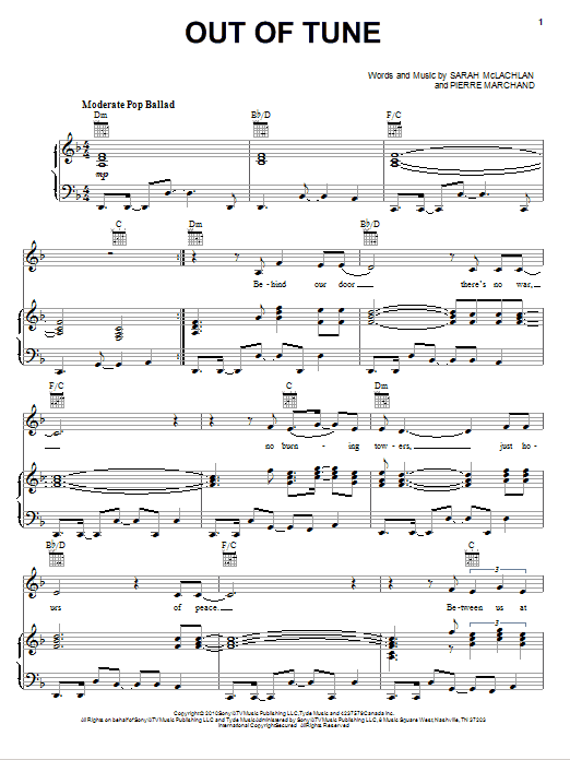 Sarah McLachlan Out Of Tune Sheet Music Notes & Chords for Piano, Vocal & Guitar (Right-Hand Melody) - Download or Print PDF