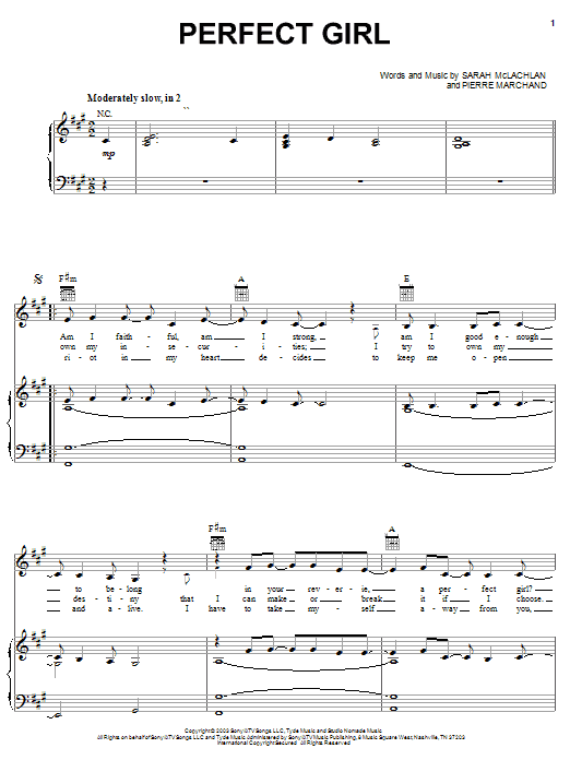 Sarah McLachlan Perfect Girl Sheet Music Notes & Chords for Piano, Vocal & Guitar (Right-Hand Melody) - Download or Print PDF