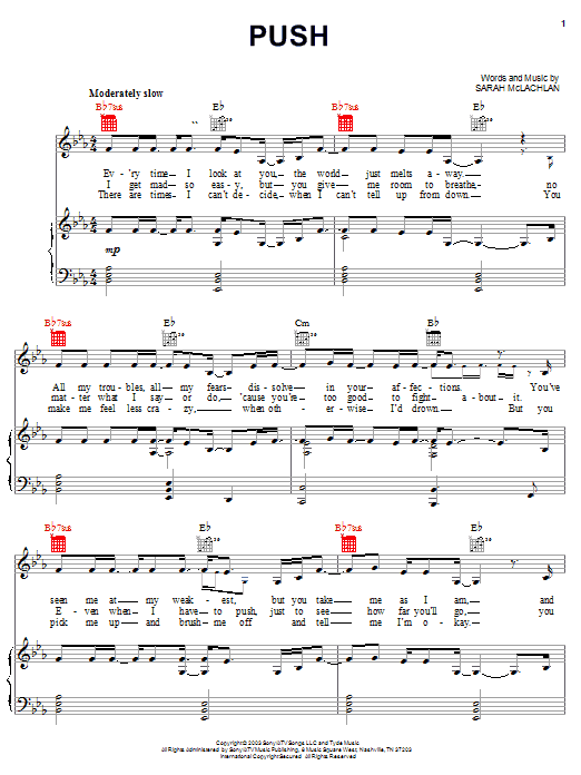 Sarah McLachlan Push Sheet Music Notes & Chords for Piano, Vocal & Guitar (Right-Hand Melody) - Download or Print PDF