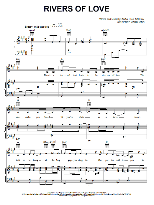 Sarah McLachlan Rivers Of Love Sheet Music Notes & Chords for Piano, Vocal & Guitar (Right-Hand Melody) - Download or Print PDF