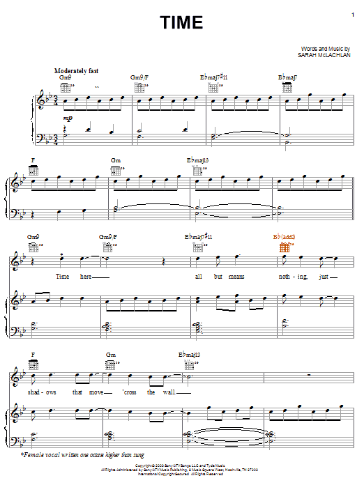 Sarah McLachlan Time Sheet Music Notes & Chords for Piano, Vocal & Guitar (Right-Hand Melody) - Download or Print PDF