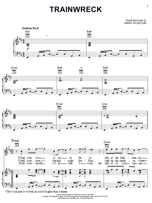 Sarah McLachlan Train Wreck Sheet Music Notes & Chords for Piano, Vocal & Guitar (Right-Hand Melody) - Download or Print PDF