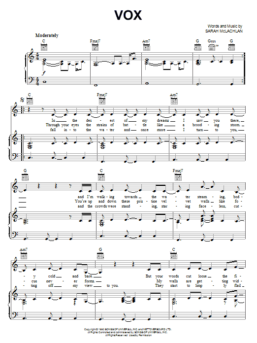 Sarah McLachlan Vox Sheet Music Notes & Chords for Piano - Download or Print PDF