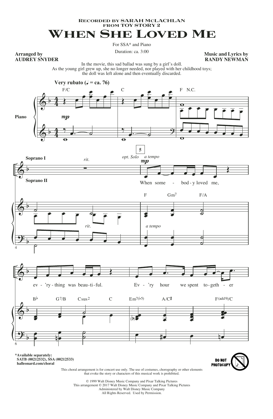 Sarah McLachlan When She Loved Me (from Toy Story 2) (arr. Audrey Snyder) Sheet Music Notes & Chords for SSA - Download or Print PDF