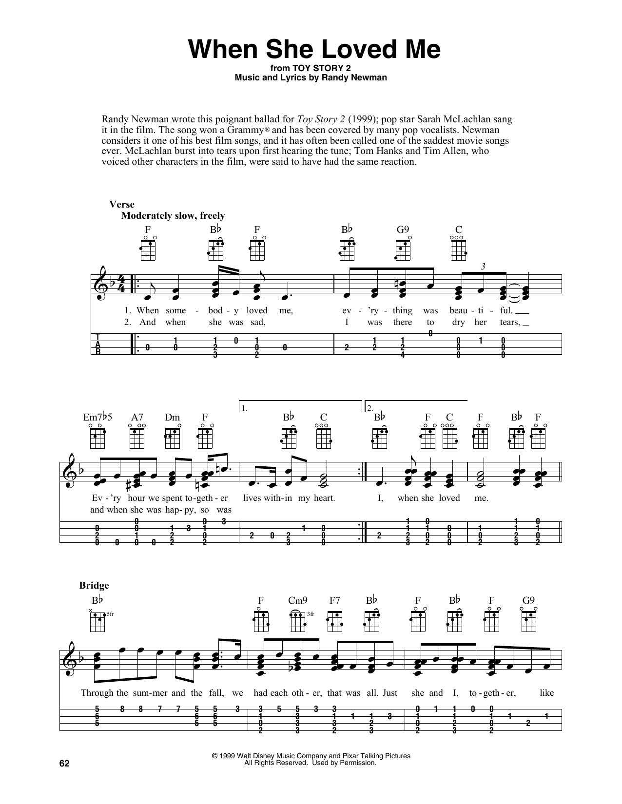Sarah McLachlan When She Loved Me (from Toy Story 2) (arr. Fred Sokolow) Sheet Music Notes & Chords for Easy Ukulele Tab - Download or Print PDF
