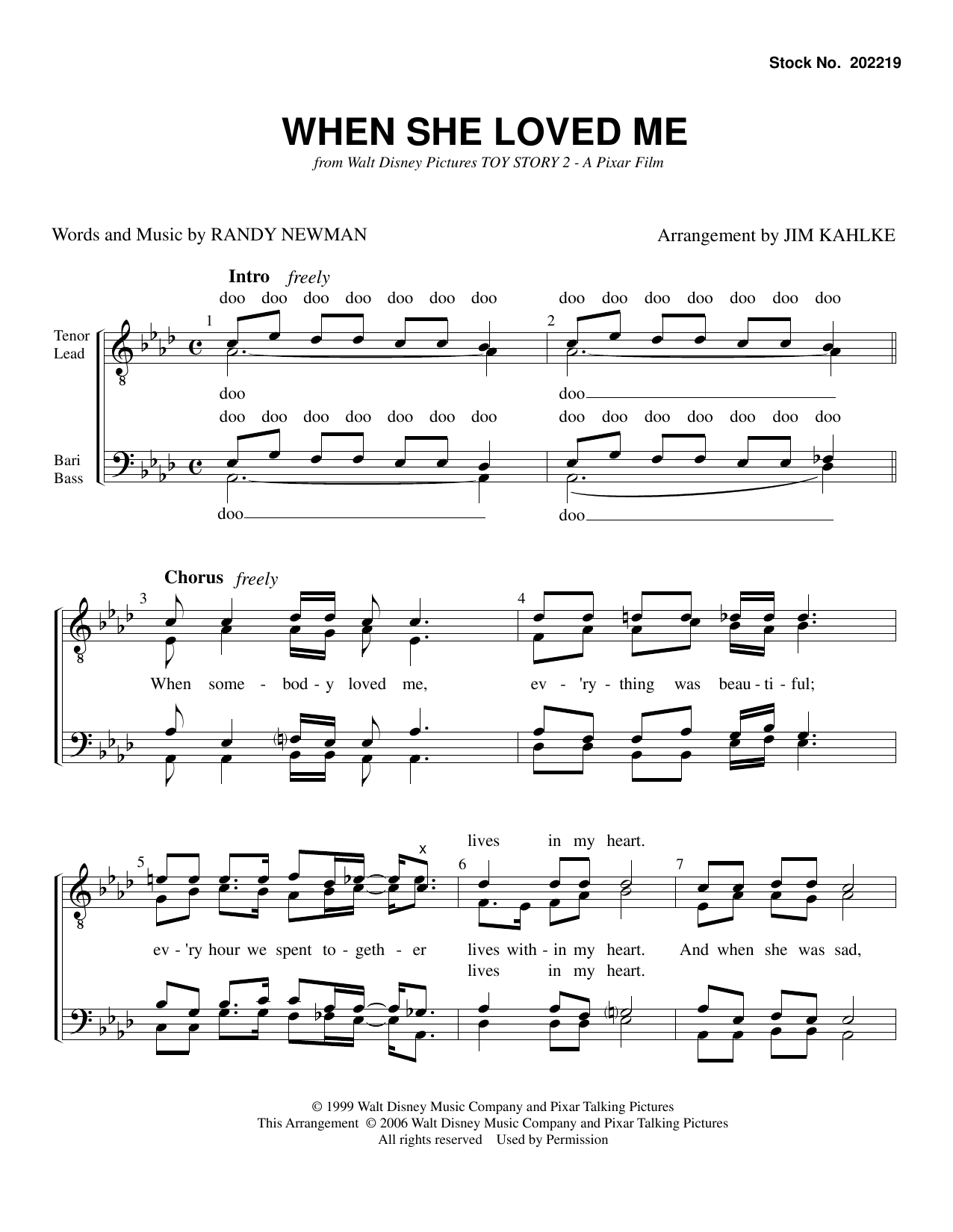 Sarah McLachlan When She Loved Me (from Toy Story 2) (arr. Jim Kahlke) Sheet Music Notes & Chords for TTBB Choir - Download or Print PDF