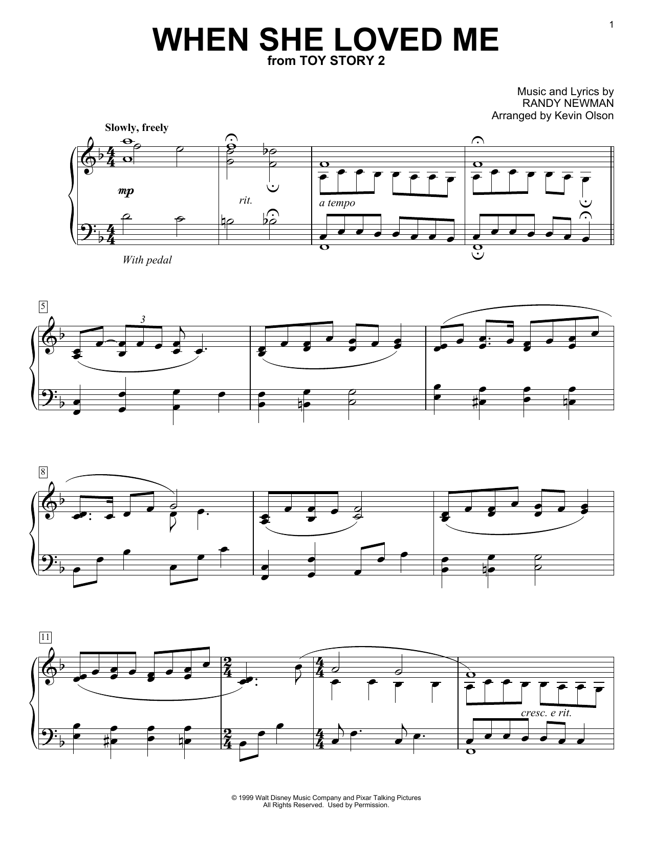 Sarah McLachlan When She Loved Me (from Toy Story 2) (arr. Kevin Olson) Sheet Music Notes & Chords for Easy Piano Solo - Download or Print PDF