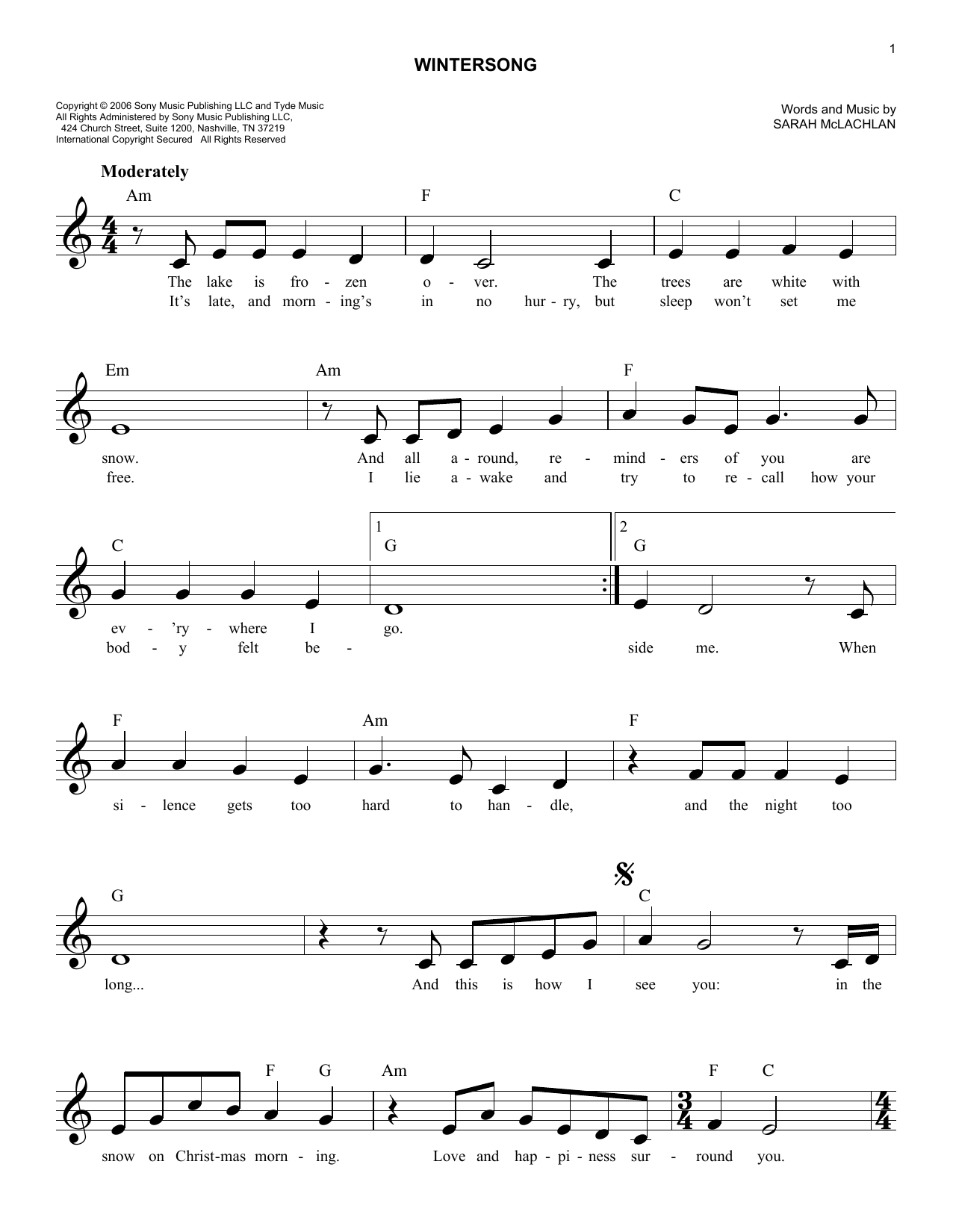 Sarah McLachlan Wintersong Sheet Music Notes & Chords for Lead Sheet / Fake Book - Download or Print PDF