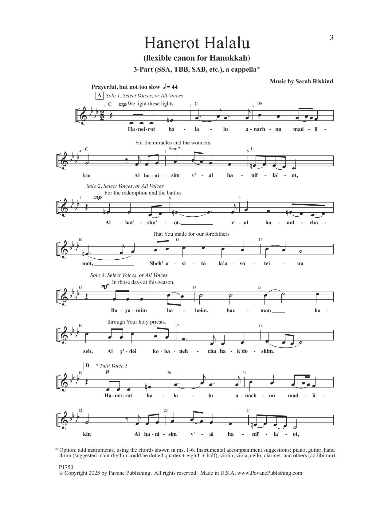 Sarah Riskind Hanerot Halalu Sheet Music Notes & Chords for SSA Choir - Download or Print PDF