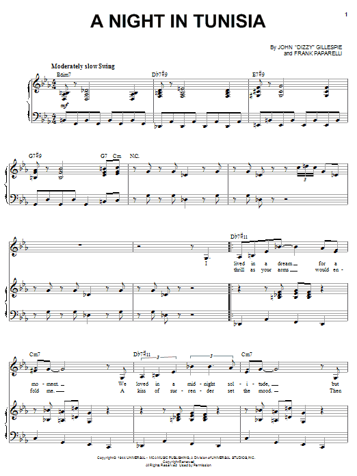 Sarah Vaughan A Night In Tunisia Sheet Music Notes & Chords for Piano, Vocal & Guitar (Right-Hand Melody) - Download or Print PDF