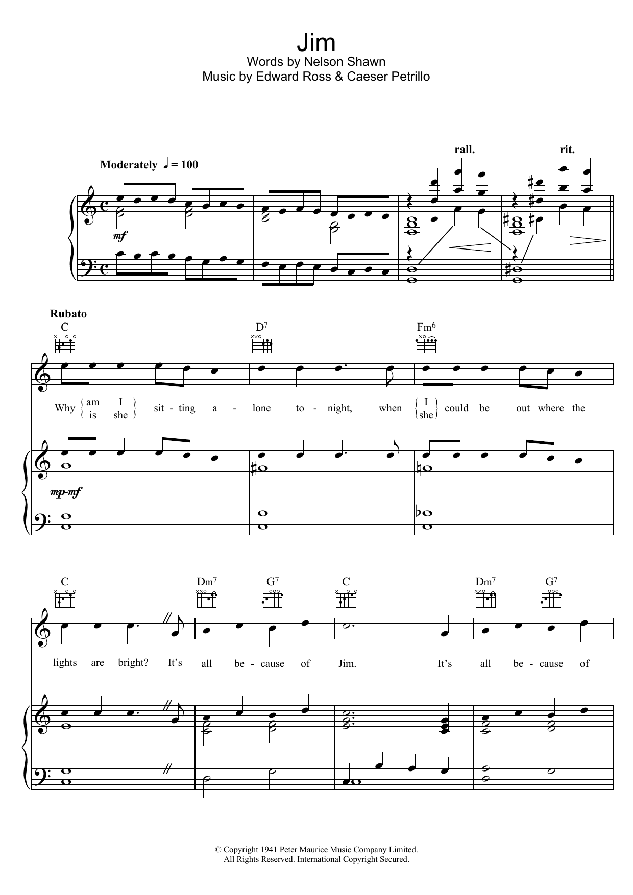 Sarah Vaughan Jim Sheet Music Notes & Chords for Piano, Vocal & Guitar (Right-Hand Melody) - Download or Print PDF