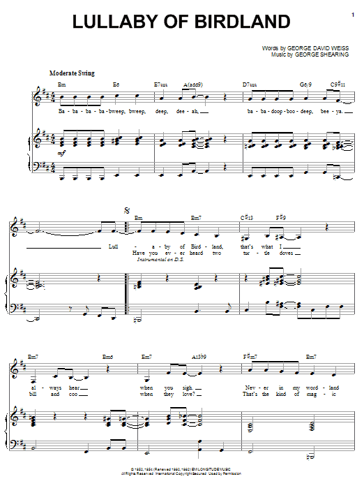 Sarah Vaughan Lullaby Of Birdland Sheet Music Notes & Chords for Piano, Vocal & Guitar (Right-Hand Melody) - Download or Print PDF