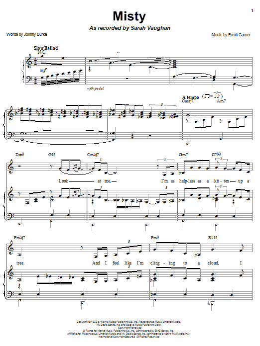 Sarah Vaughan Misty Sheet Music Notes & Chords for Piano, Vocal & Guitar (Right-Hand Melody) - Download or Print PDF