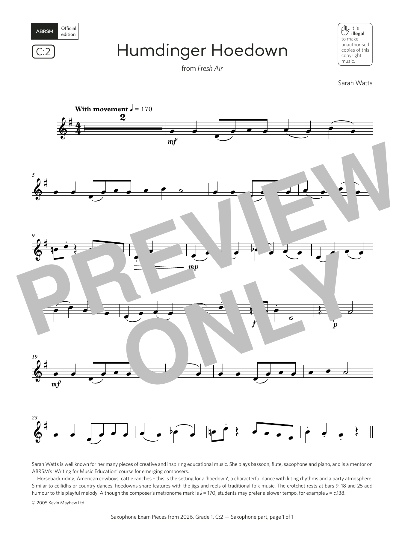 Sarah Watts Humdinger Hoedown (Grade 1, list C2, from the ABRSM Saxophone Syllabus from 2026) Sheet Music Notes & Chords for Alto Sax Solo - Download or Print PDF Sarah Watts Humdinger Hoedown (Grade 1, list C2, from the ABRSM Saxophone Syllabus from 2026) Sheet Music Notes & Chords for Alto Sax Solo - Download or Print PDF