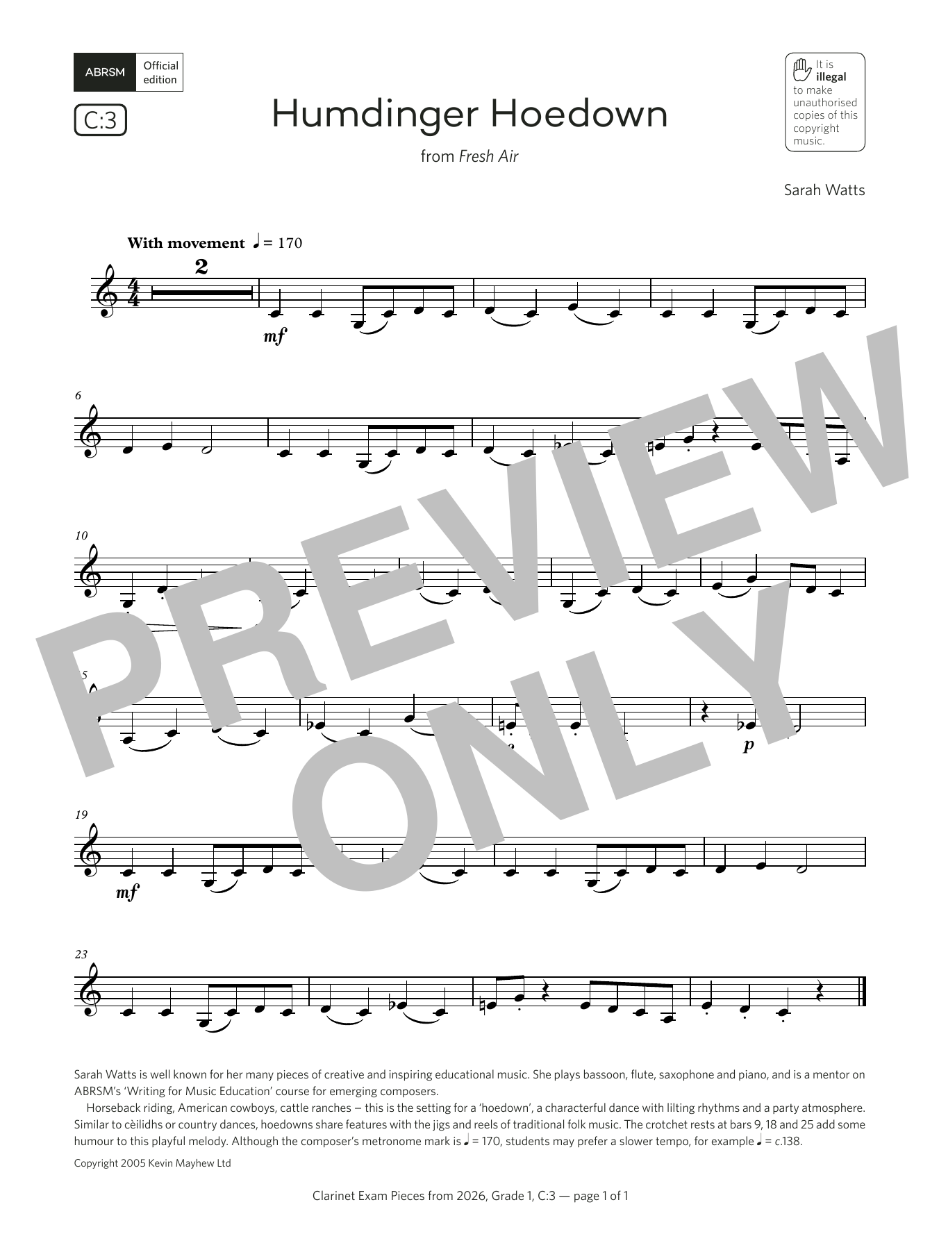 Sarah Watts Humdinger Hoedown (Grade 1, list C3, from the ABRSM Clarinet Syllabus from 2026) Sheet Music Notes & Chords for Clarinet Solo - Download or Print PDF Sarah Watts Humdinger Hoedown (Grade 1, list C3, from the ABRSM Clarinet Syllabus from 2026) Sheet Music Notes & Chords for Clarinet Solo - Download or Print PDF