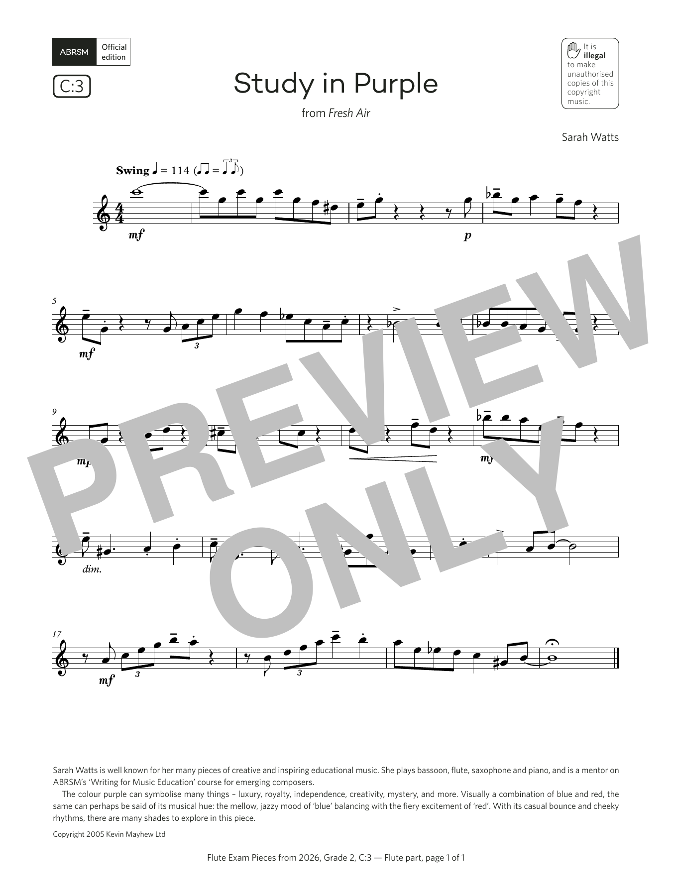 Sarah Watts Study in Purple (Grade 2, list C3, from the ABRSM Flute Syllabus from 2026) Sheet Music Notes & Chords for Flute Solo - Download or Print PDF Sarah Watts Study in Purple (Grade 2, list C3, from the ABRSM Flute Syllabus from 2026) Sheet Music Notes & Chords for Flute Solo - Download or Print PDF