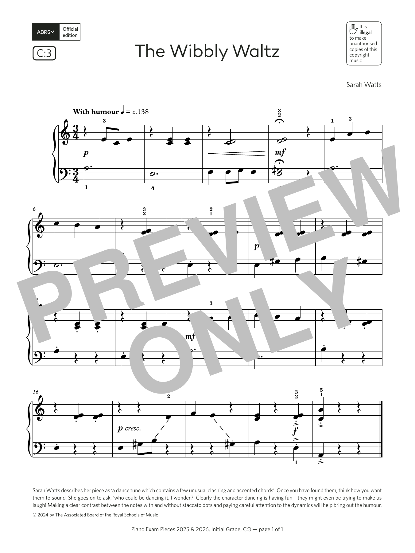 Sarah Watts The Wibbly Waltz (Grade Initial, list C3, from the ABRSM Piano Syllabus 2025 & 2026) Sheet Music Notes & Chords for Piano Solo - Download or Print PDF