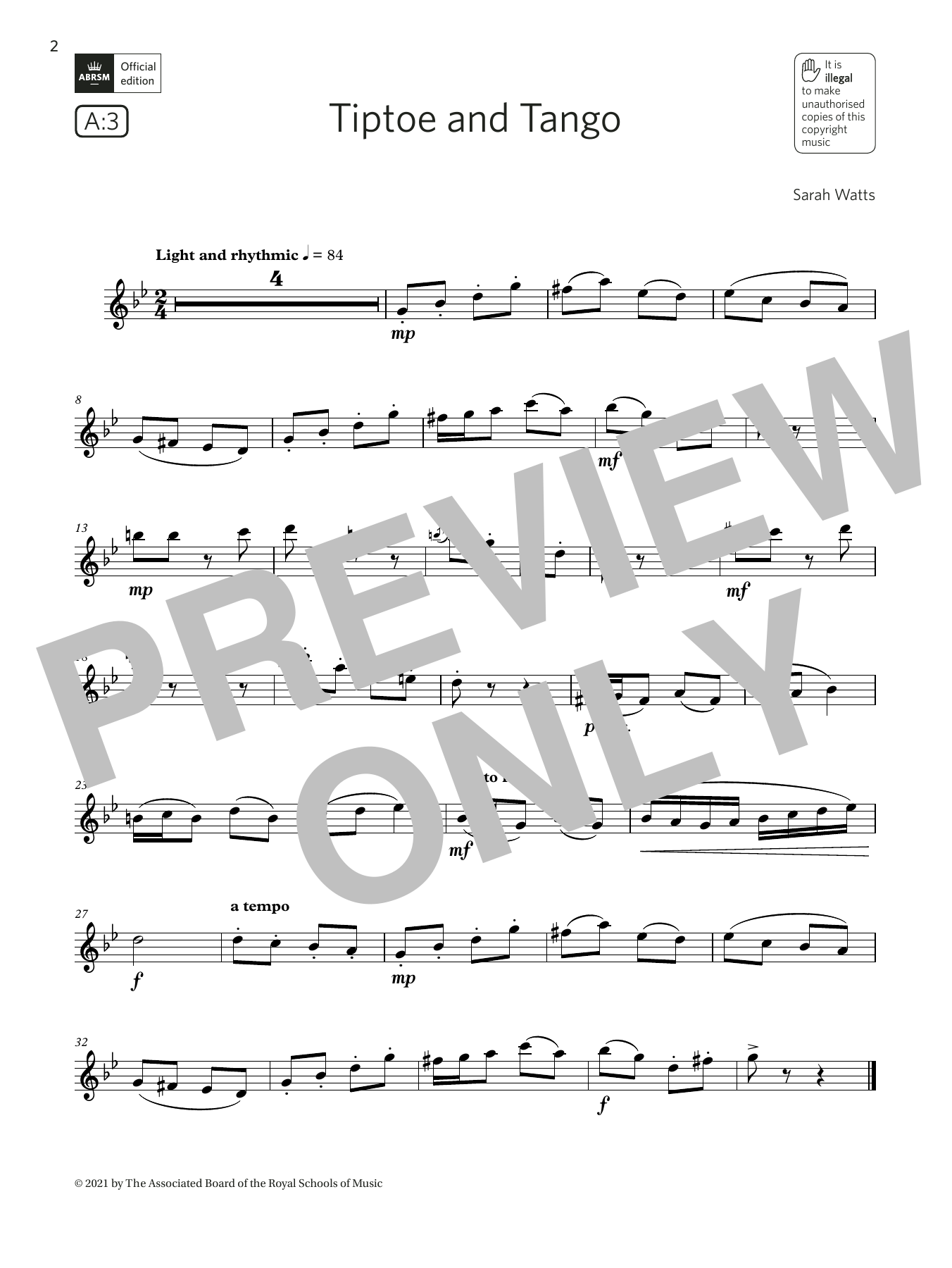 Sarah Watts Tiptoe and Tango (Grade 3 List A3 from the ABRSM Flute syllabus from 2022) Sheet Music Notes & Chords for Flute Solo - Download or Print PDF