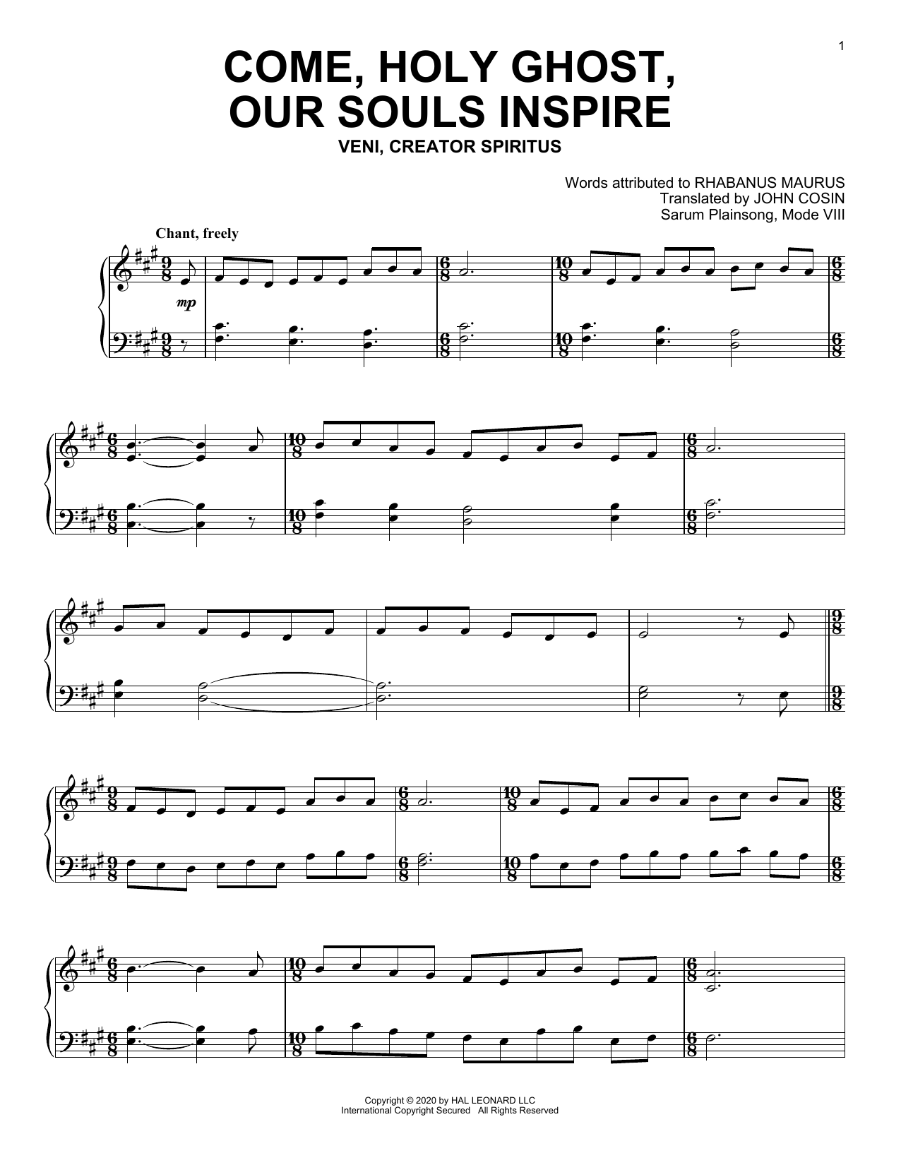 Sarum Plainsong Come, Holy Ghost, Our Souls Inspire Sheet Music Notes & Chords for Piano Solo - Download or Print PDF