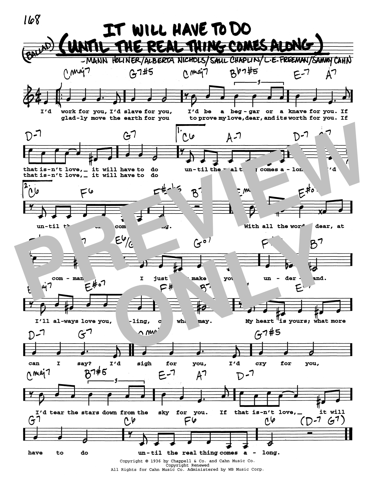 Saul Chaplin It Will Have To Do Until The Real Thing Comes Along (Low Voice) Sheet Music Notes & Chords for Real Book – Melody, Lyrics & Chords - Download or Print PDF